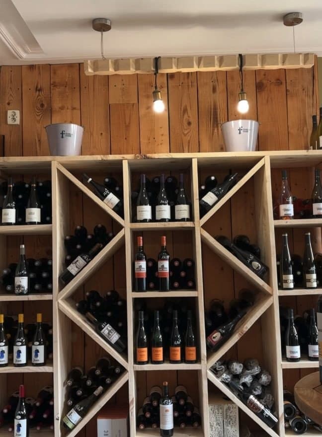 Les casiers en croix de la cave, remplis de bouteilles, sous les ampoules suspendues